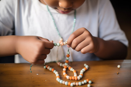 child stringing beads onto a necklaceの素材