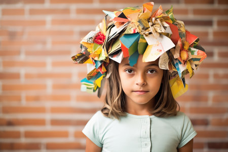 girl wearing a craft headdress made from recycled papersの素材