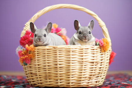 chinchillas side by side in a lined basketの素材