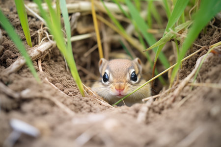 grass-lined chipmunk nest within the burrowの素材