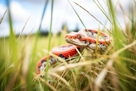 corn snake winding through a field of high grassの素材