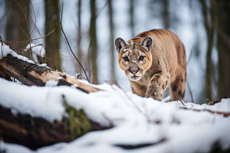 stealthy cougar in snowy forest, approaching deerの素材