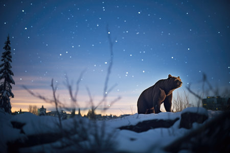 starlight scene with silhouette of hunting cougarの素材