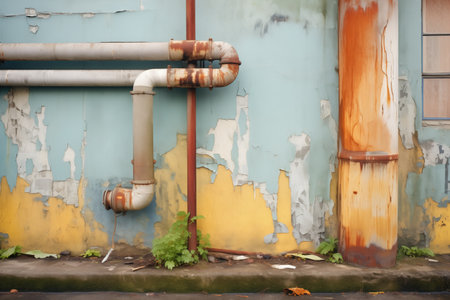 rusty drainpipes and peeling paint on the walls of a narrow bywayの素材