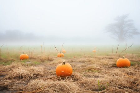 misty cornfield with scattered pumpkinsの素材