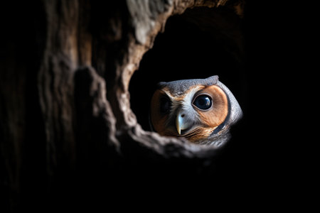 owl peering from a hollow tree in darknessの素材