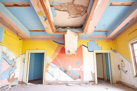 ceiling-less rooms with remnants of painted wallsの素材