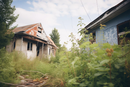 abandoned houses with overgrown vegetationの素材