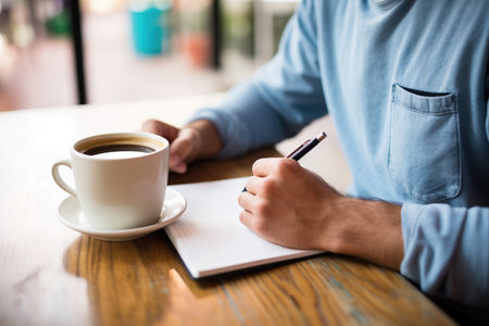 man writing review in a notebook beside a coffee cupの素材