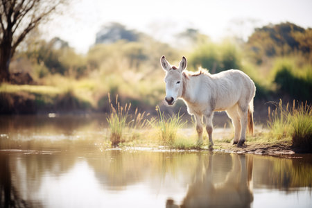 white donkey with perked ears near a peaceful pondの素材