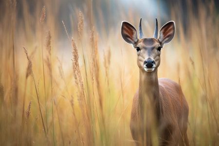 a grey duiker standing alert among tall grassesの素材