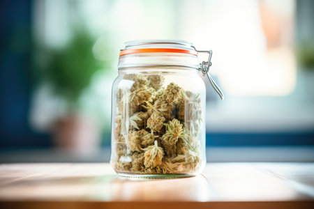 freshly harvested cannabis buds in a glass jarの素材