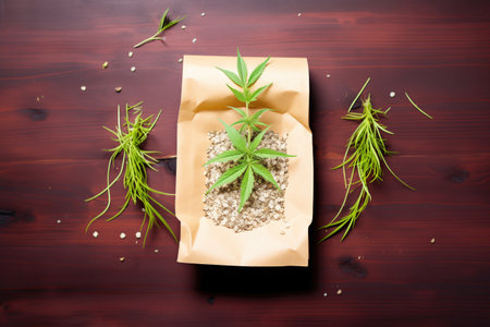 top view of a hemp plant in eco-friendly packagingの素材
