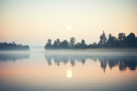 full moon over a calm lake with mistの素材