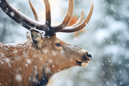snowflakes on elk fur during gentle snowfallの素材