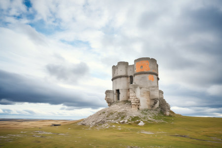 deserted castle remains under a cloudy skyの素材