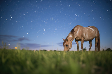 grazing horse profiled by the night skyの素材