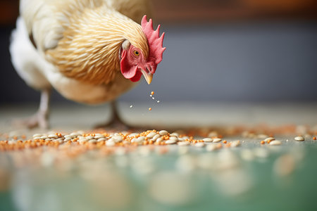 close-up of chicken pecking grainsの素材
