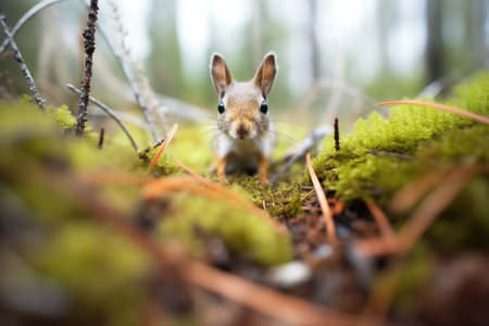 squirrel caught on camera with forest floor belowの素材