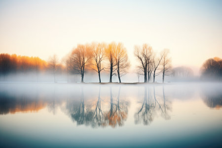 reflection of trees on fog-covered lake at dawnの素材