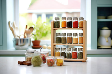 array of spices in glass jars on a kitchen rackの素材