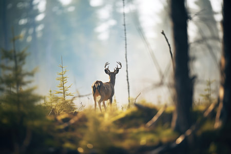 silhouette of a lone deer in a forest clearingの素材