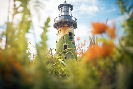 overgrown foliage encroaching on abandoned lighthouseの素材