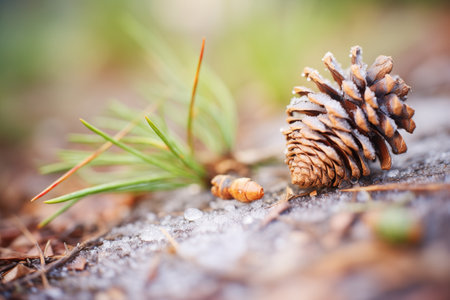 frost on pine needles and cones on trail sideの素材