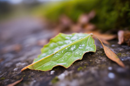 close-up of iced over green leaf on hiking pathの素材
