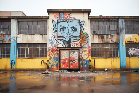 derelict factory building with broken windows and graffitiの素材