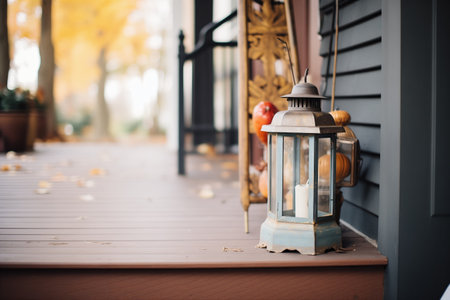old-fashioned lantern left on entryway stepsの素材