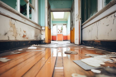 sunken floorboards in derelict manor corridorの素材
