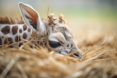serene moment between mother and newborn giraffeの素材