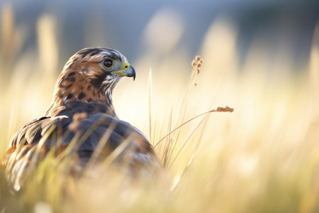 profile shot of harrier resting in a sunny meadowの素材
