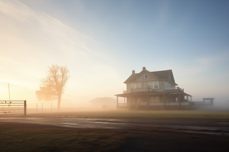 unexplained mist hovering over a desolate spooky homeの素材