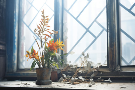 wilted plants near a foggy, stained-glass windowの素材