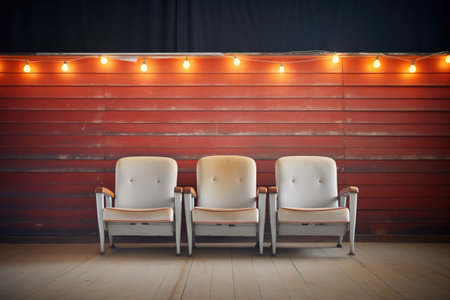 weathered velvet seats in an empty auditorium illuminated by stage lightsの素材