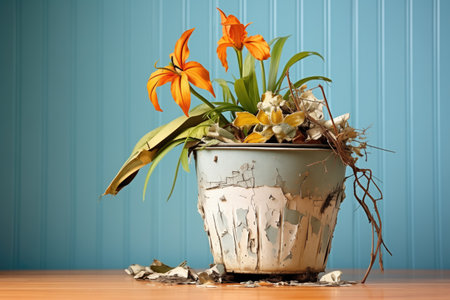 wilted plants in a cracked flowerpotの素材