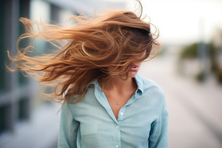 wind-swept hair partially hiding the faceの素材