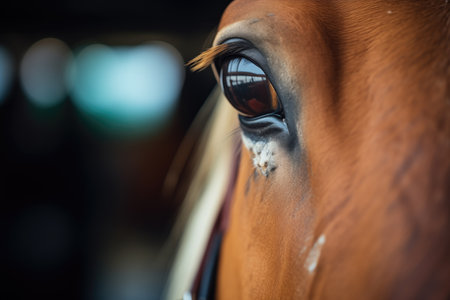 close-up of a horses eye and window edgeの素材