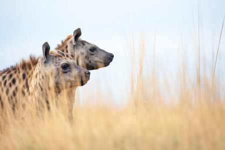 spotted hyena duo in grassland under clear skyの素材