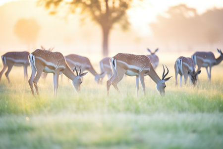herd of impalas grazing at sunrise, dew shimmering on grassの素材