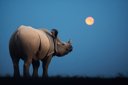 silhouette of indian rhino against a full moonの素材