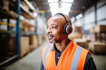 warehouse worker with headset coordinating inventory tasksの素材