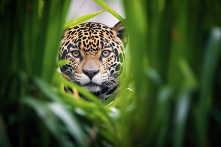 jaguar peering through lush ferns in the rainforestの素材