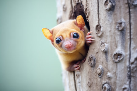 kinkajou inspecting a knothole in a treeの素材