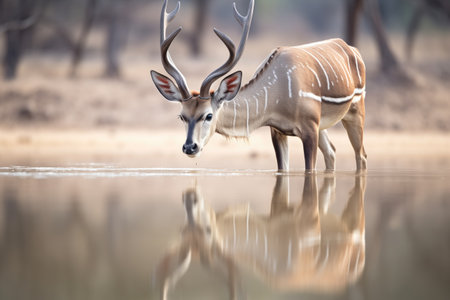 kudu drinking from a waterhole reflectionの素材