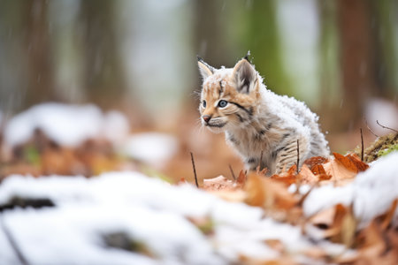 young lynx cub exploring snowy forest floorの素材