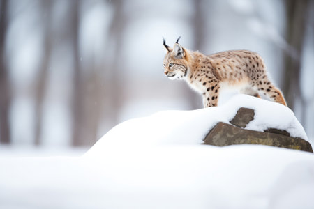 lynx perched on snow-covered boulderの素材
