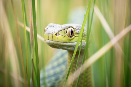 green mamba in tall grass, hood expandedの素材